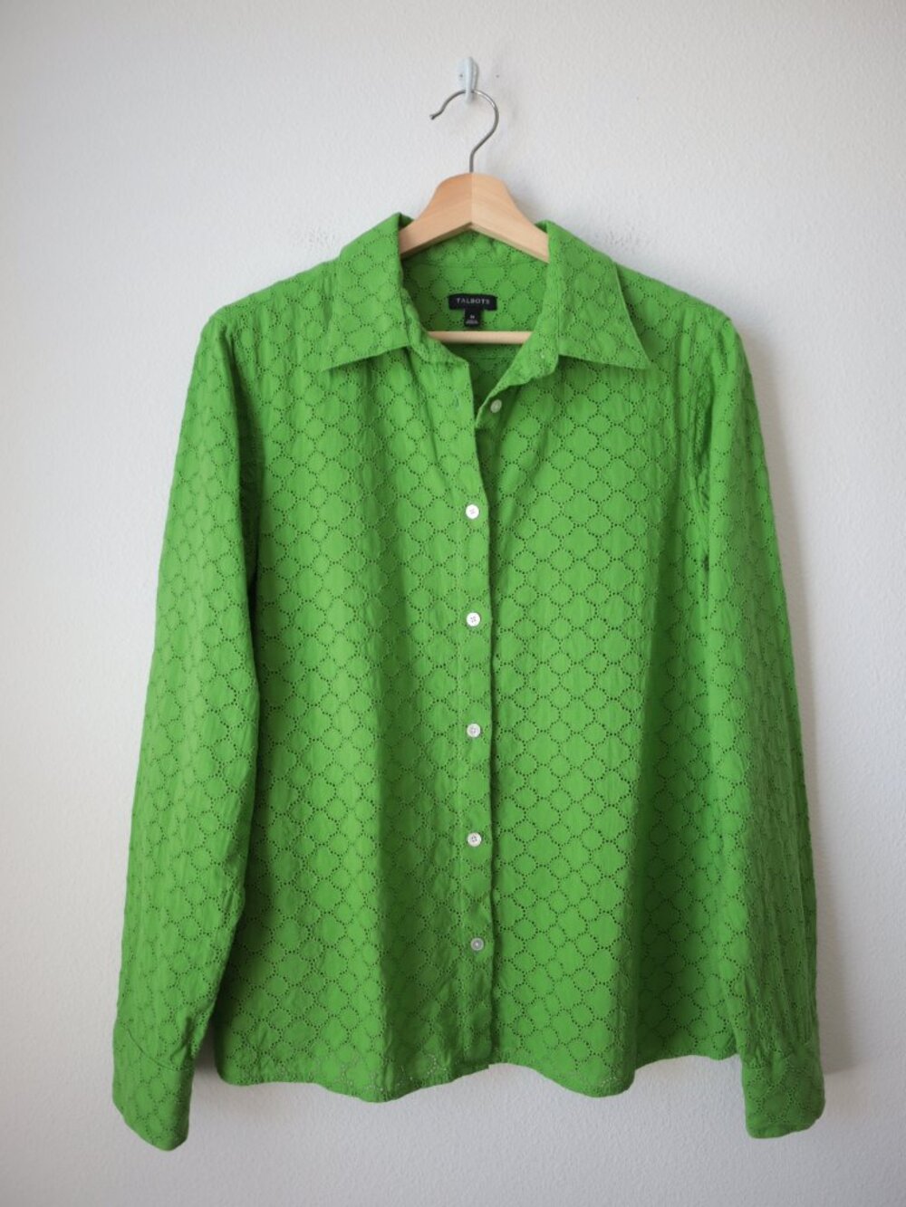 Talbots Green Clover Eyelet Lace Button Front Top | M